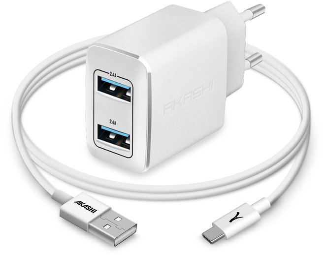 AKASHI<br/>c/secteur 2 usb 2a1 + usb-c blanc