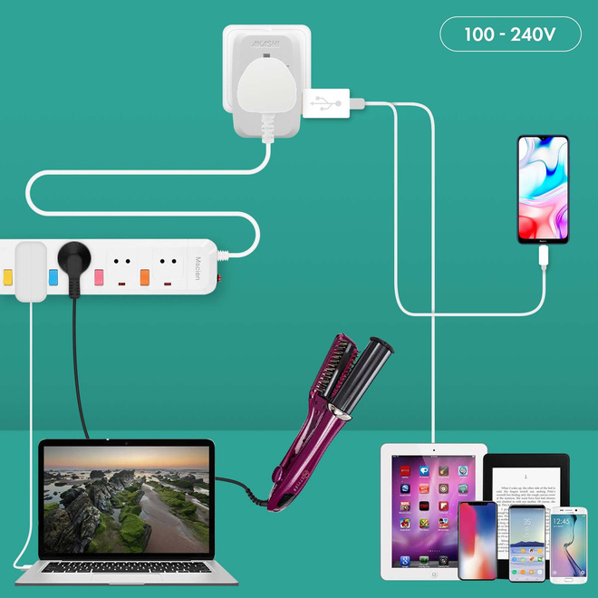 AKASHI<br/>c/sect/universel 150 pays 2usb 15w blanc