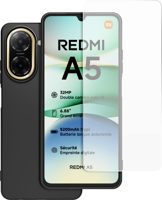 XIAOMI<br/>coque noir tpu + verre trempe redmi a5