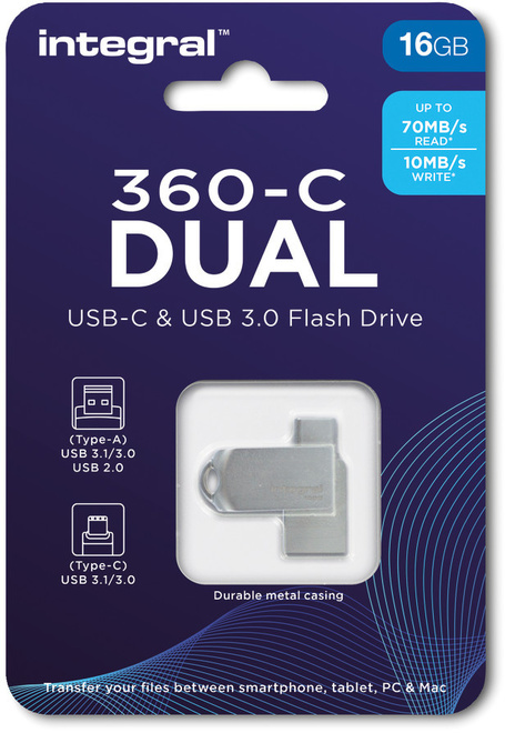 INTEGRAL<br/>cle 16gb usb3.0 + type-c dual 360.