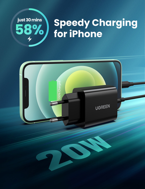 UGREEN<br/>chargeur secteur usb-c 20w noir