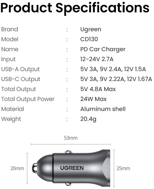 UGREEN<br/>chargeur voiture usb-c + usb-a 30w